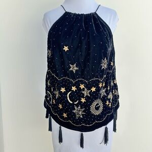 Embroidered Black and Gold Women's Sequin Moon & Stars Top